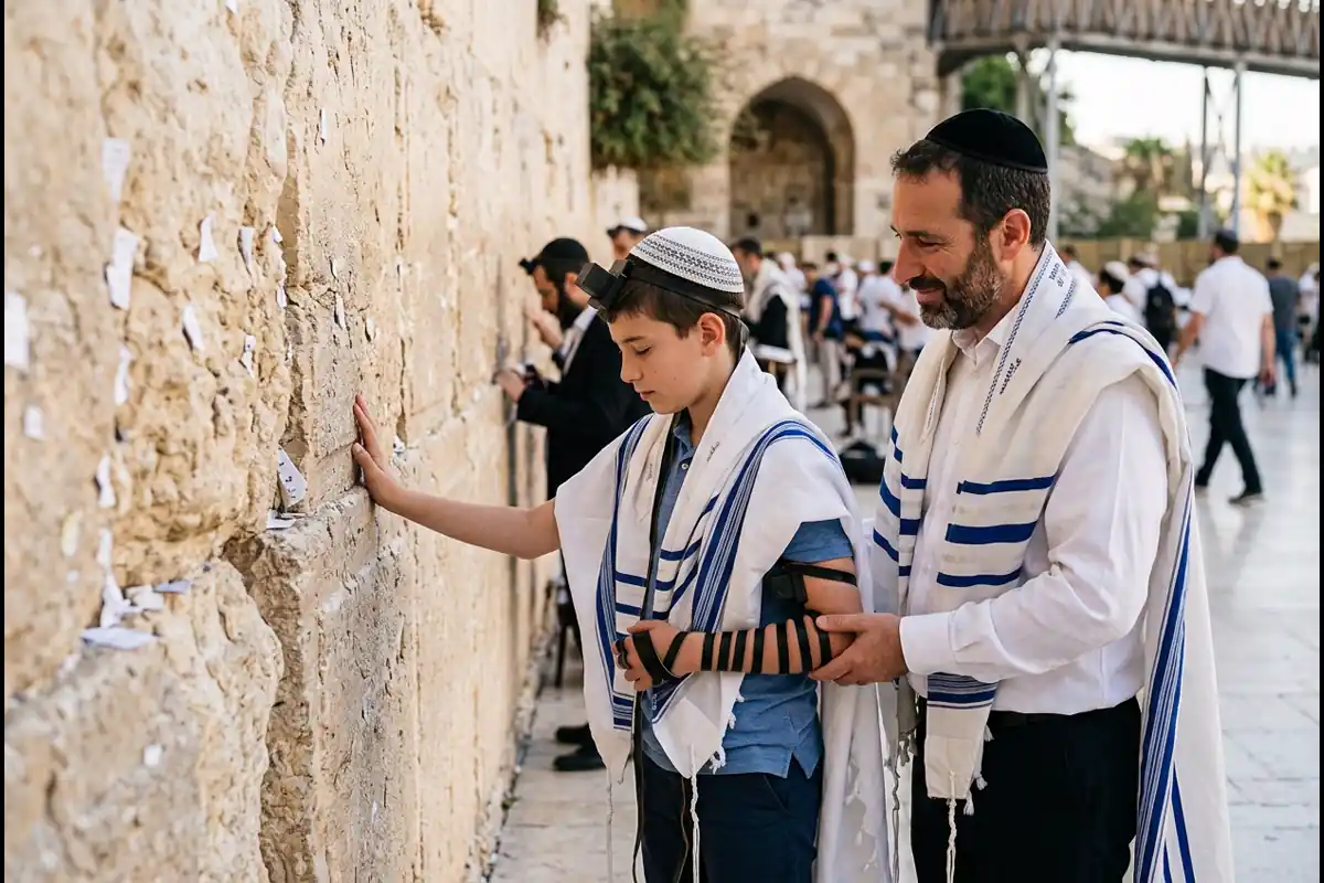 הנחת תפילין וטלית מרגשת מול אבני הכותל המערבי