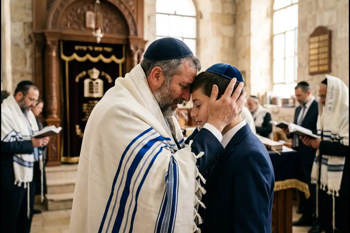 ברכת הבנים: אב עוטף את בנו תחת טלית משותפת בדמעות