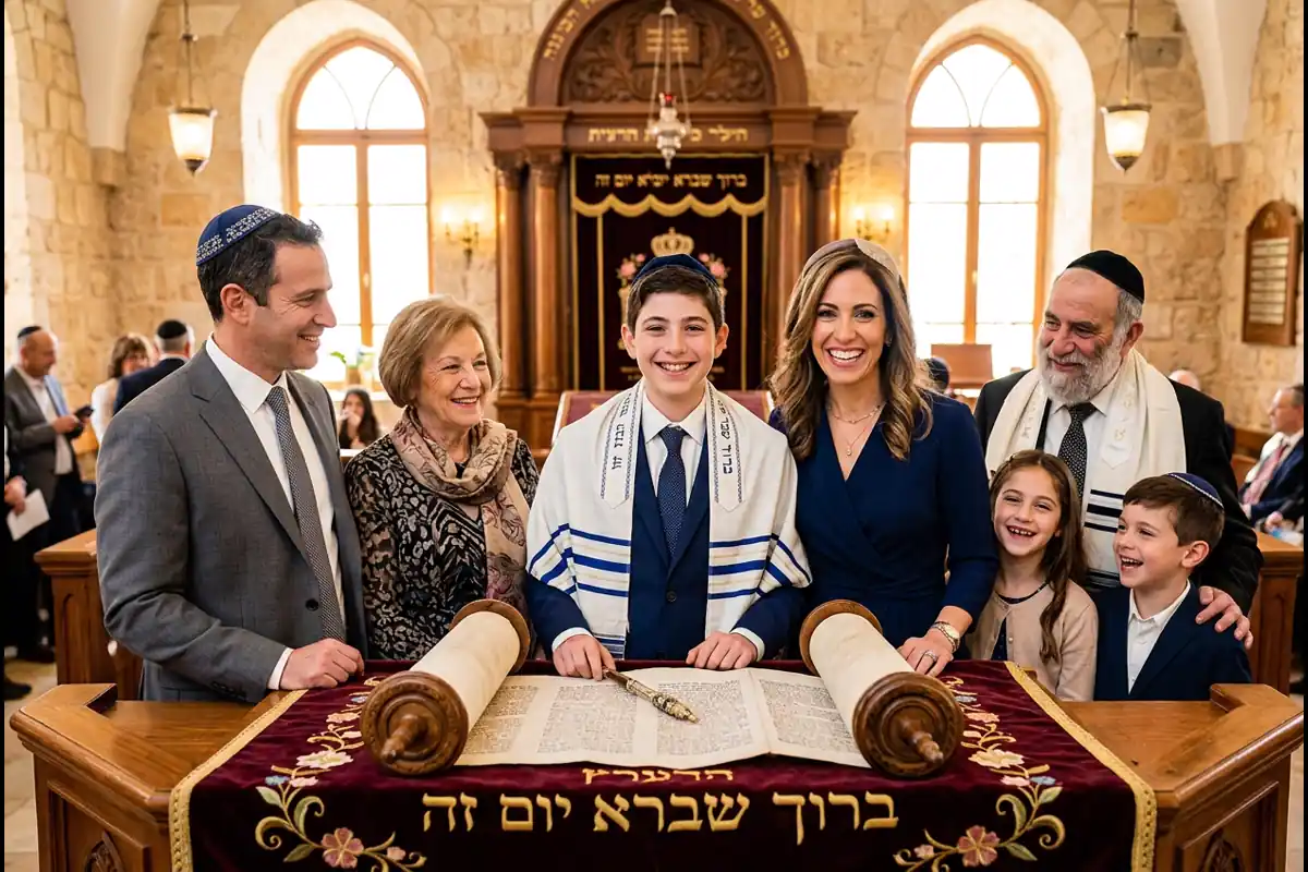 צילום משפחתי מרוגש סביב התיבה וספר התורה הפתוח