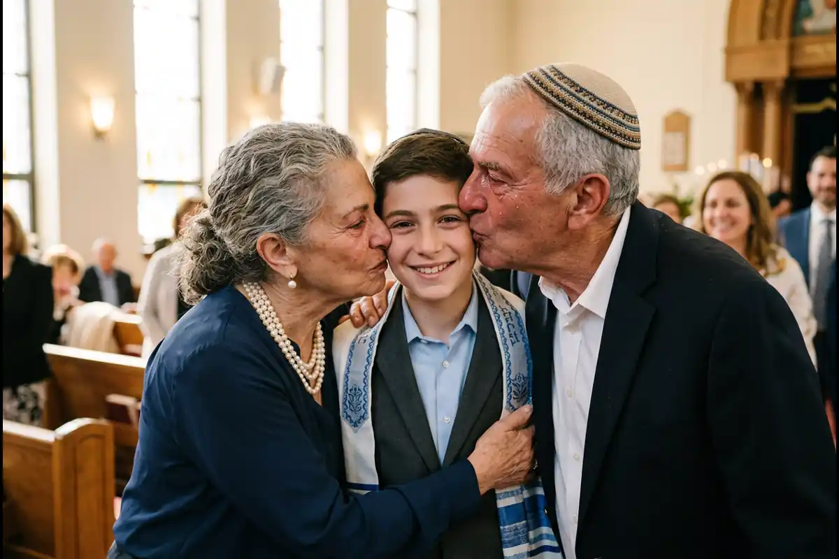 סבא וסבתא מברכים ומחבקים בחום את נכדם חתן המצווה