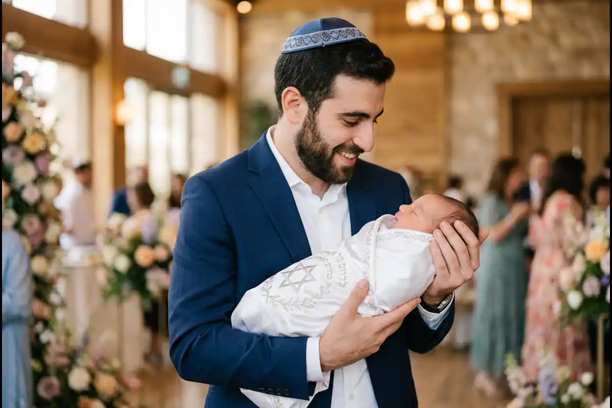 אב נרגש מחזיק את הרך הנולד בטלית ולבוש חגיגי