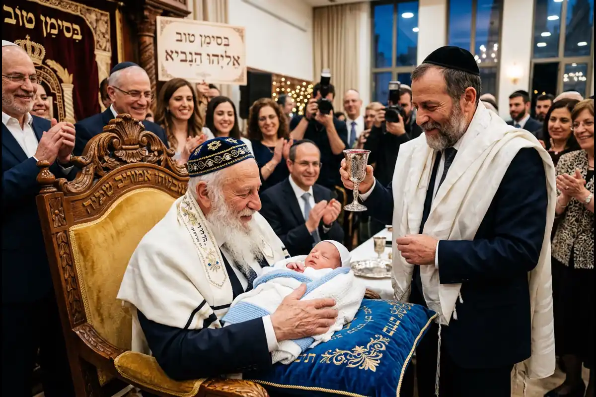הסנדק על כיסא אליהו, המוהל וכוס יין כסף מברכים