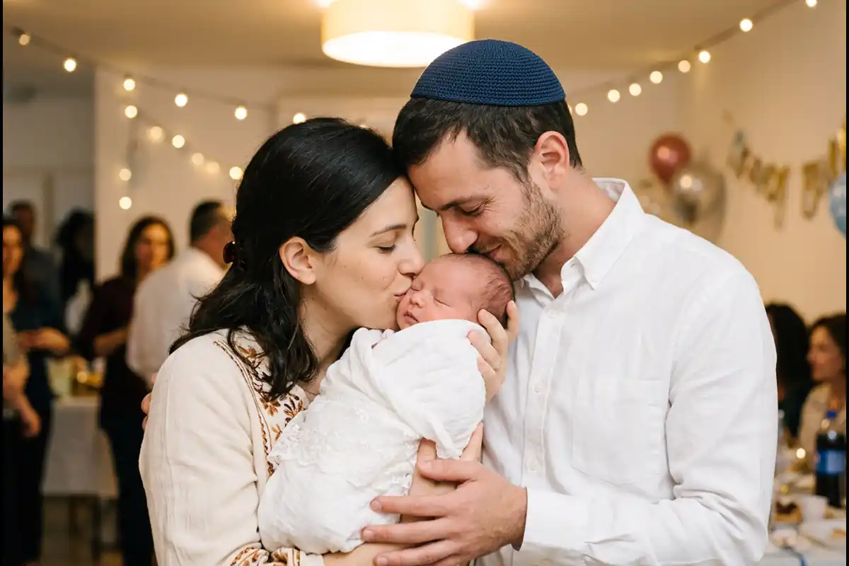 הורים צעירים מנשקים יחד באושר את הרך הנולד