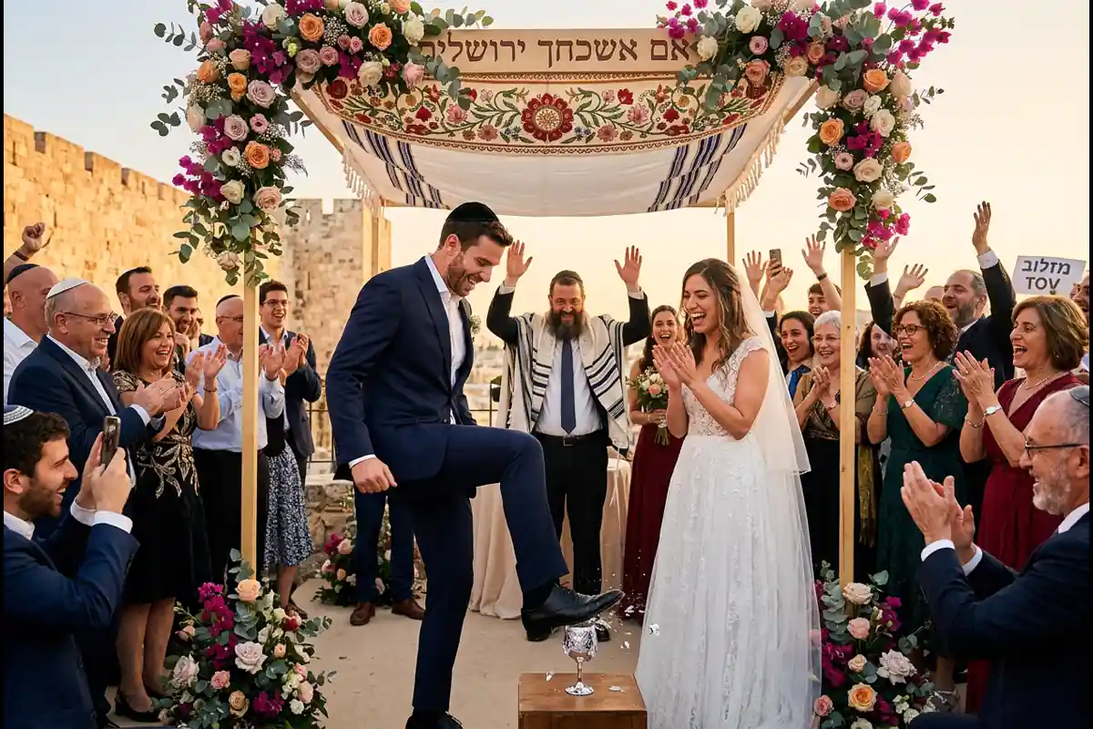 שבירת כוס תחת החופה וצעקת מזל טוב של כל האורחים
