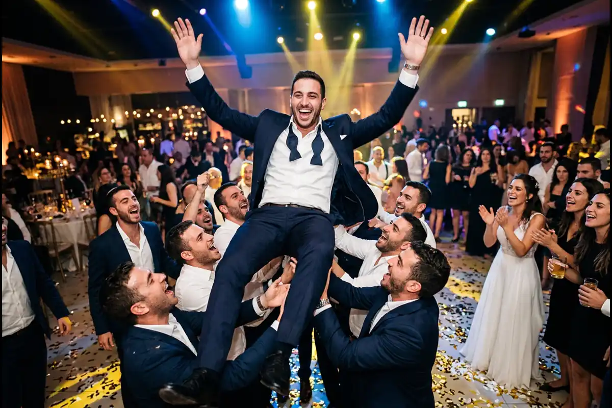 החתן מונף גבוה באוויר על ידי החברים בטירוף של שמחה